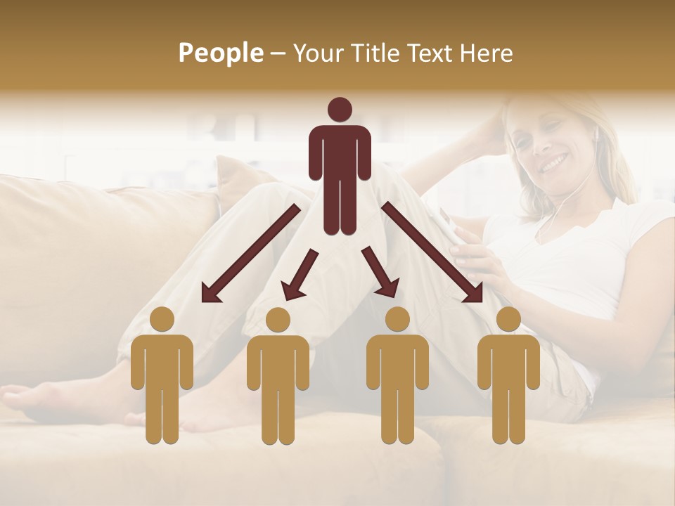 Woman In Living Room Listening To Mp3 Player Smiling PowerPoint Template