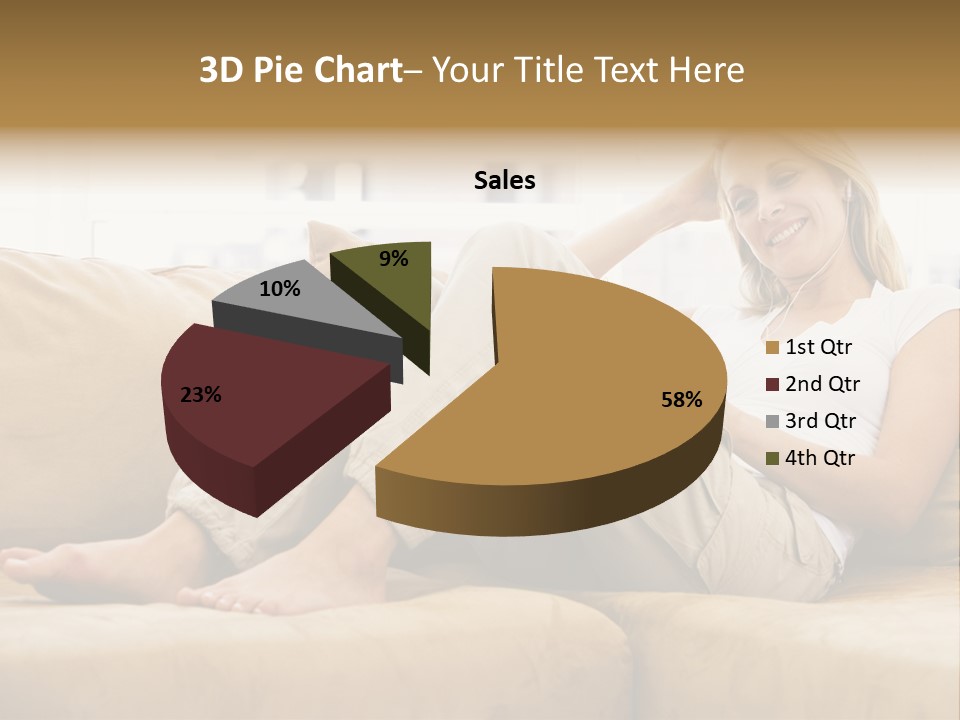 Woman In Living Room Listening To Mp3 Player Smiling PowerPoint Template