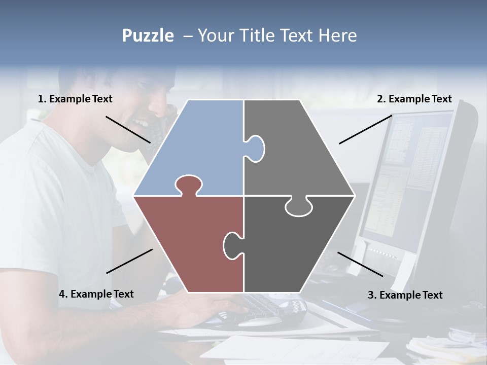 Man In Home Office On Telephone Using Computer And Smiling PowerPoint Template