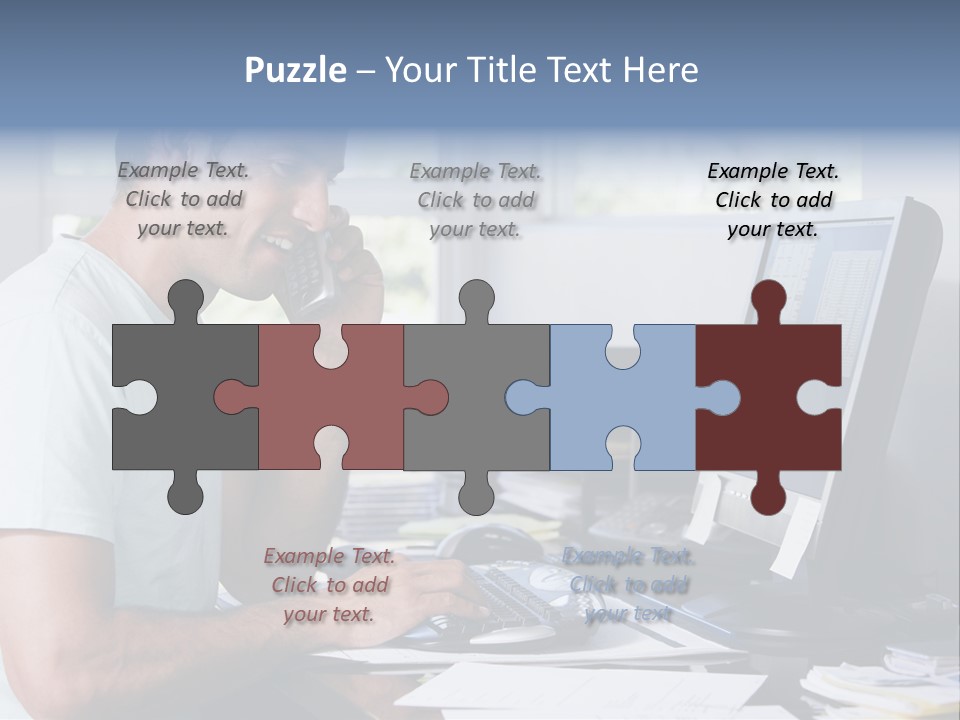 Man In Home Office On Telephone Using Computer And Smiling PowerPoint Template