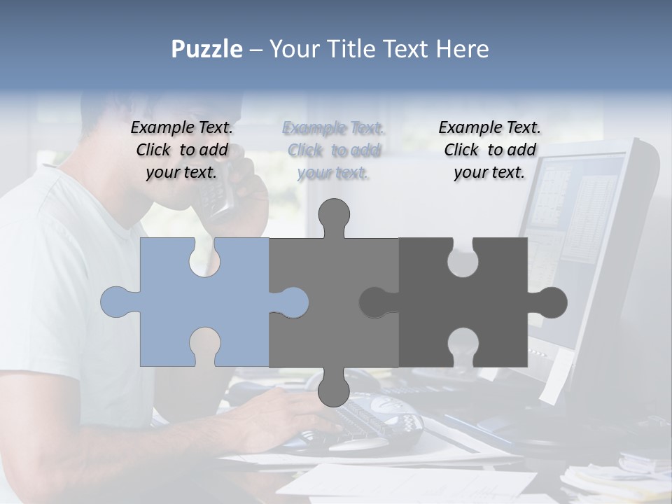 Man In Home Office On Telephone Using Computer And Smiling PowerPoint Template