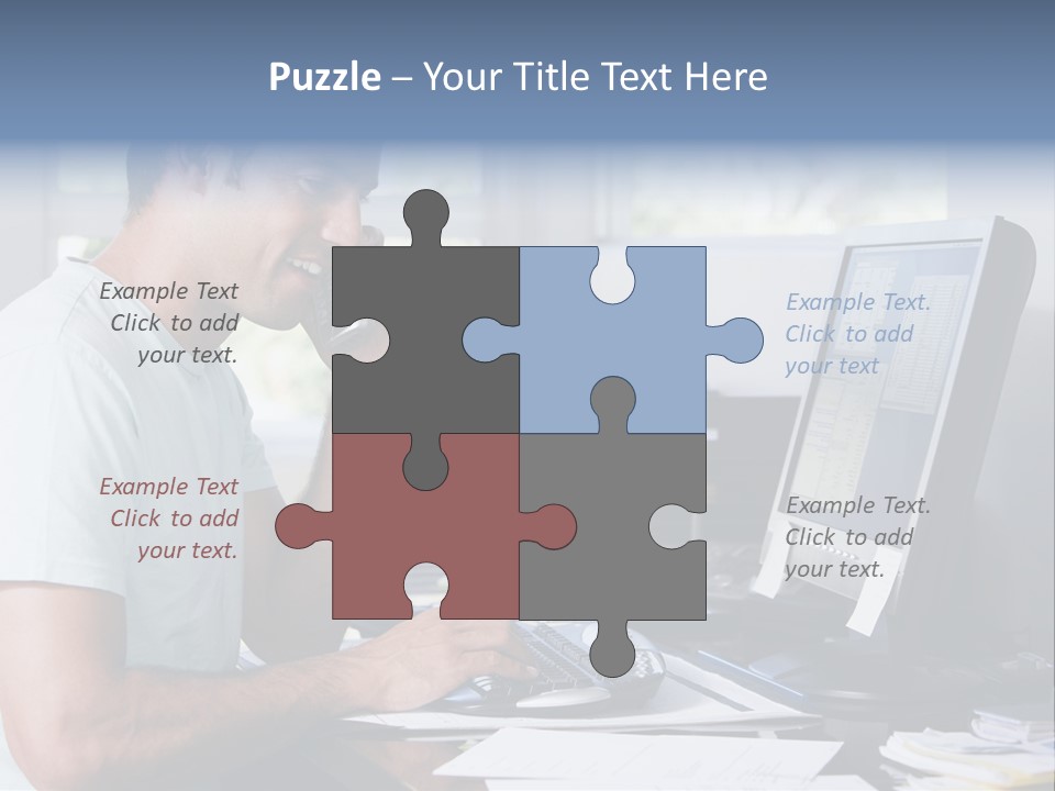 Man In Home Office On Telephone Using Computer And Smiling PowerPoint Template