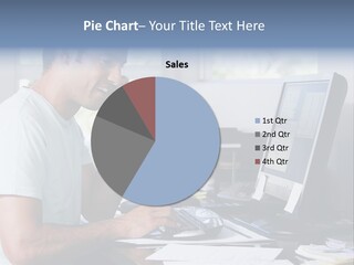 Man In Home Office On Telephone Using Computer And Smiling PowerPoint Template