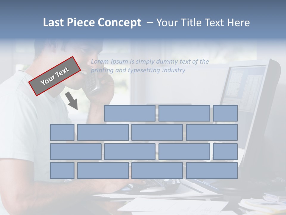 Man In Home Office On Telephone Using Computer And Smiling PowerPoint Template