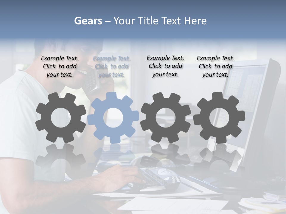 Man In Home Office On Telephone Using Computer And Smiling PowerPoint Template