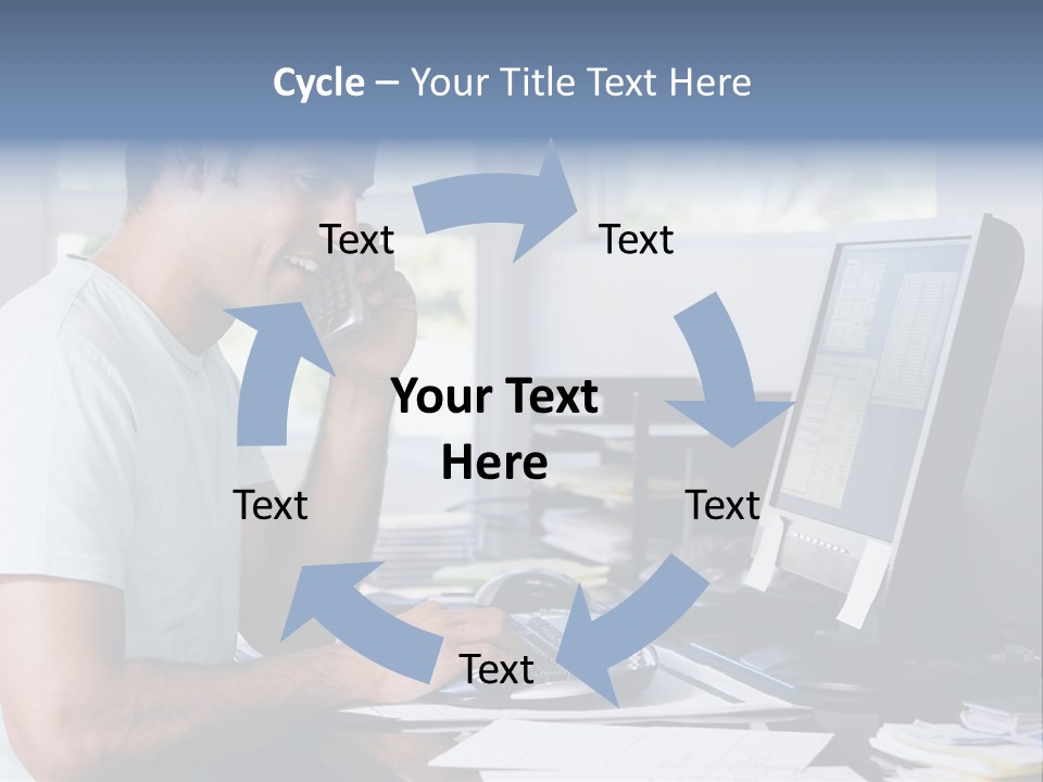 Man In Home Office On Telephone Using Computer And Smiling PowerPoint Template