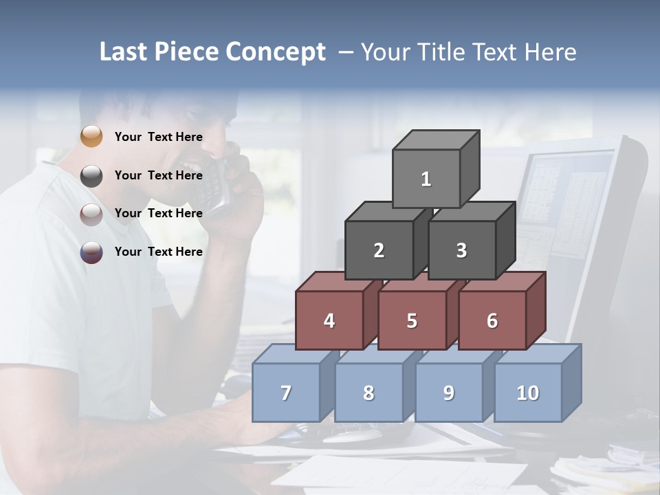 Man In Home Office On Telephone Using Computer And Smiling PowerPoint Template