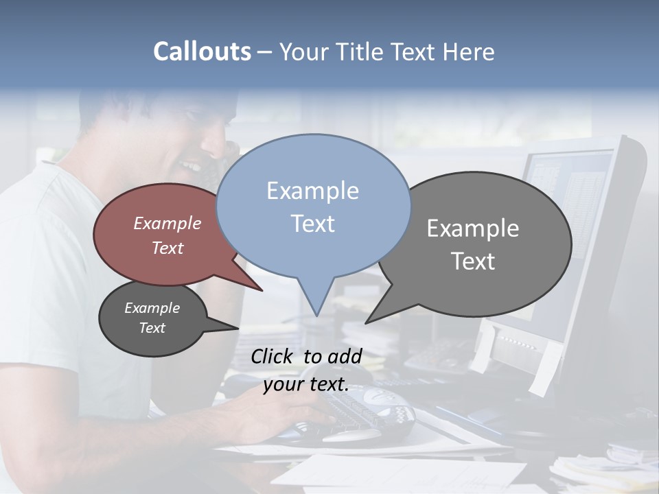Man In Home Office On Telephone Using Computer And Smiling PowerPoint Template