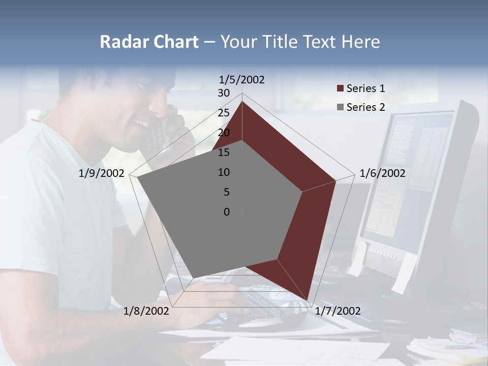 Man In Home Office On Telephone Using Computer And Smiling PowerPoint Template