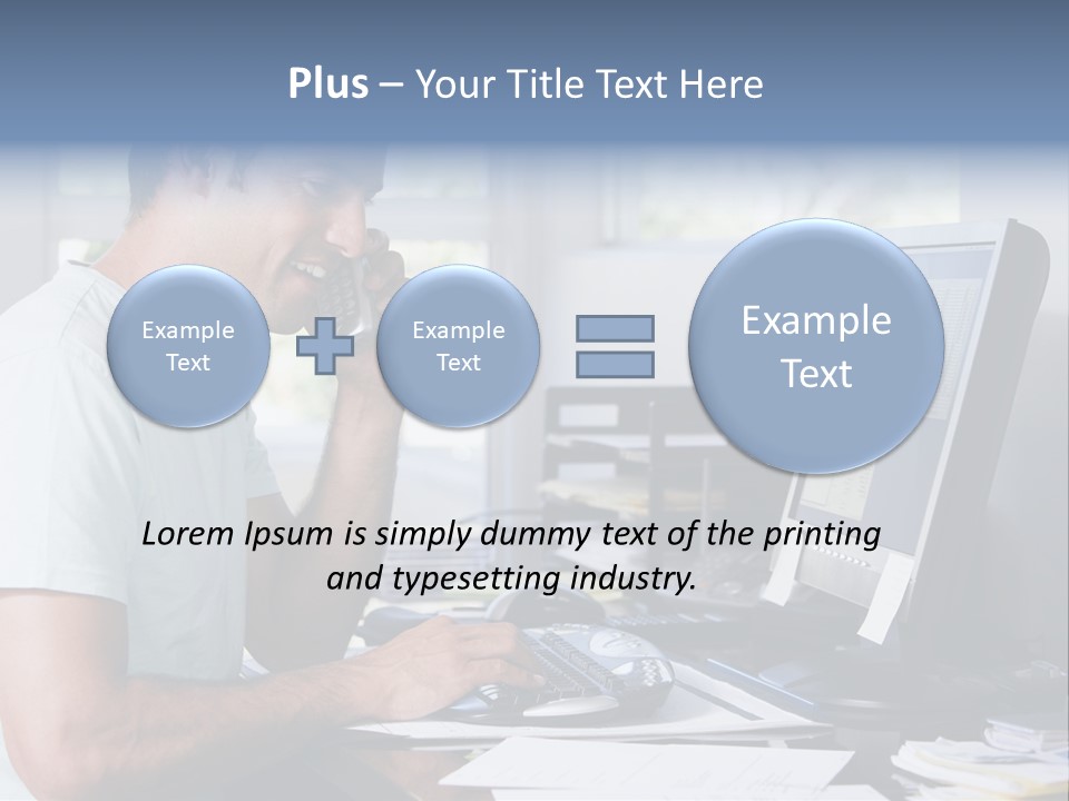 Man In Home Office On Telephone Using Computer And Smiling PowerPoint Template