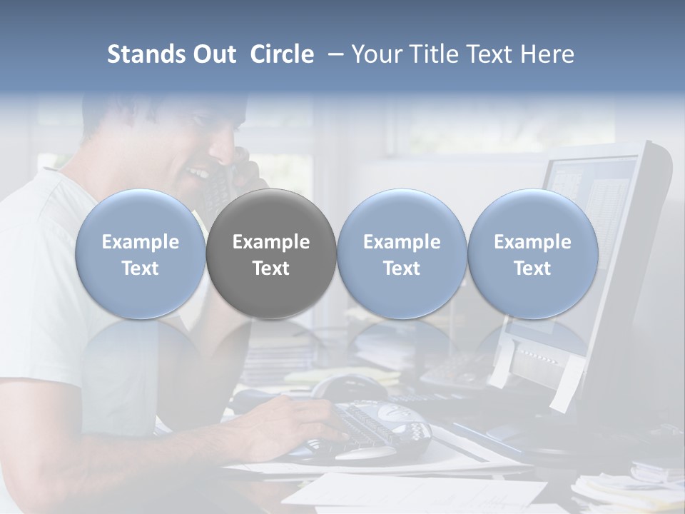 Man In Home Office On Telephone Using Computer And Smiling PowerPoint Template