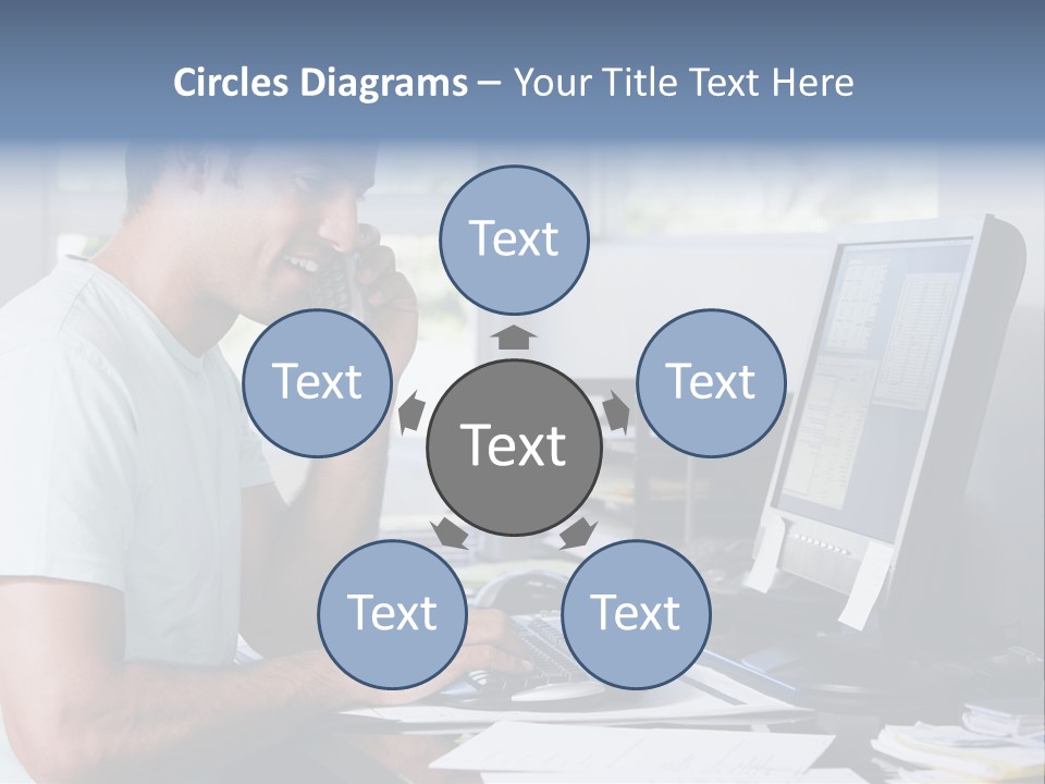 Man In Home Office On Telephone Using Computer And Smiling PowerPoint Template