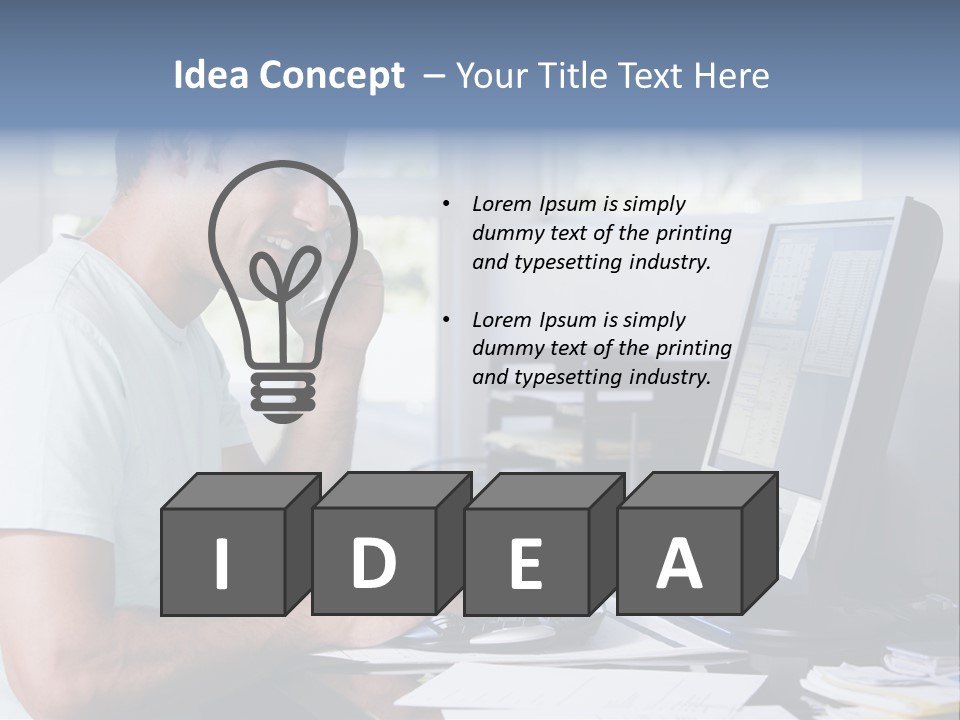 Man In Home Office On Telephone Using Computer And Smiling PowerPoint Template