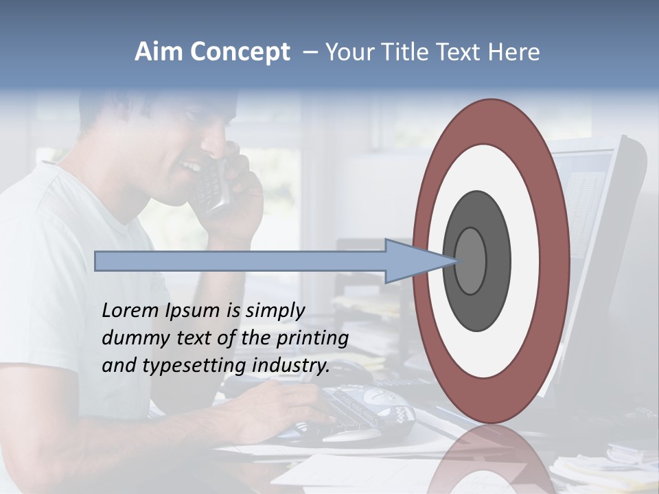 Man In Home Office On Telephone Using Computer And Smiling PowerPoint Template