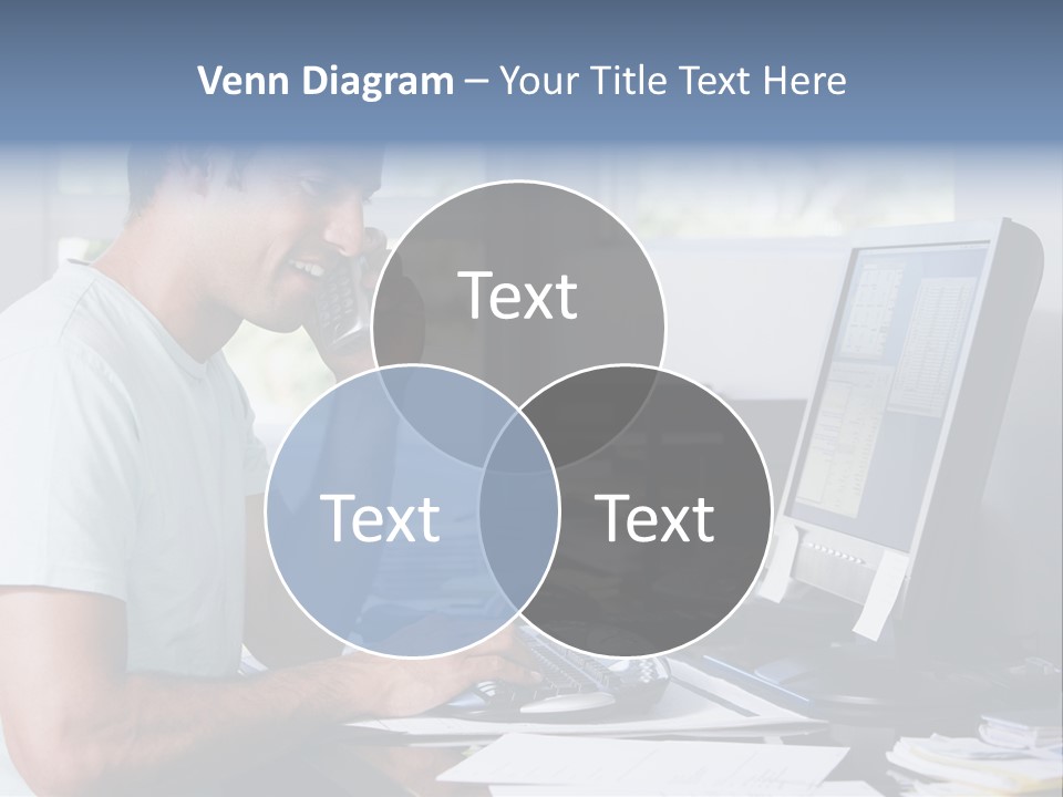 Man In Home Office On Telephone Using Computer And Smiling PowerPoint Template