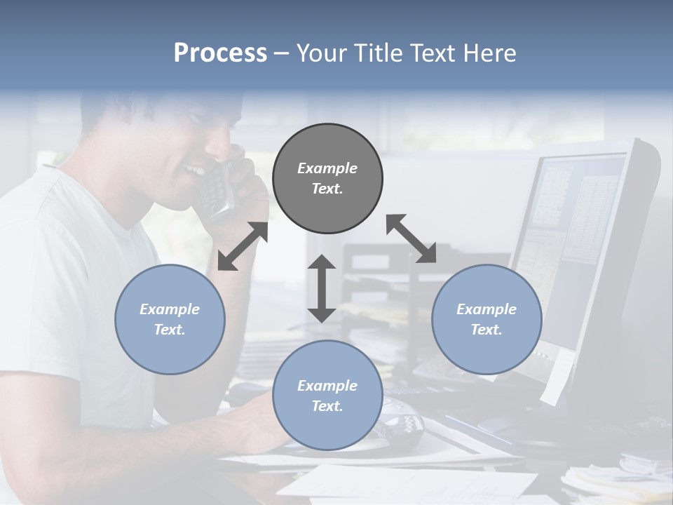 Man In Home Office On Telephone Using Computer And Smiling PowerPoint Template