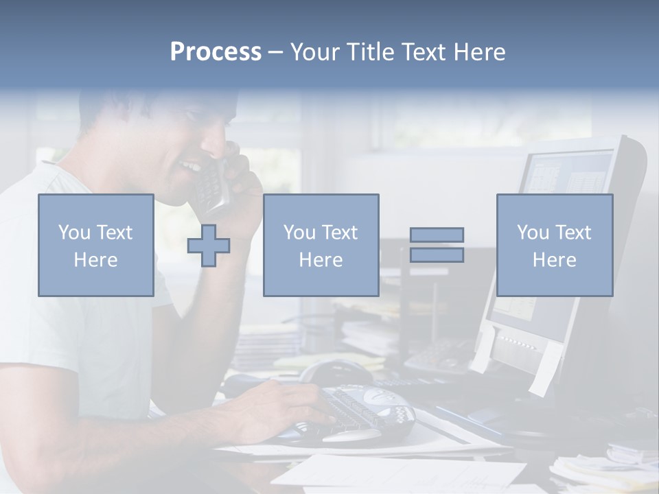 Man In Home Office On Telephone Using Computer And Smiling PowerPoint Template