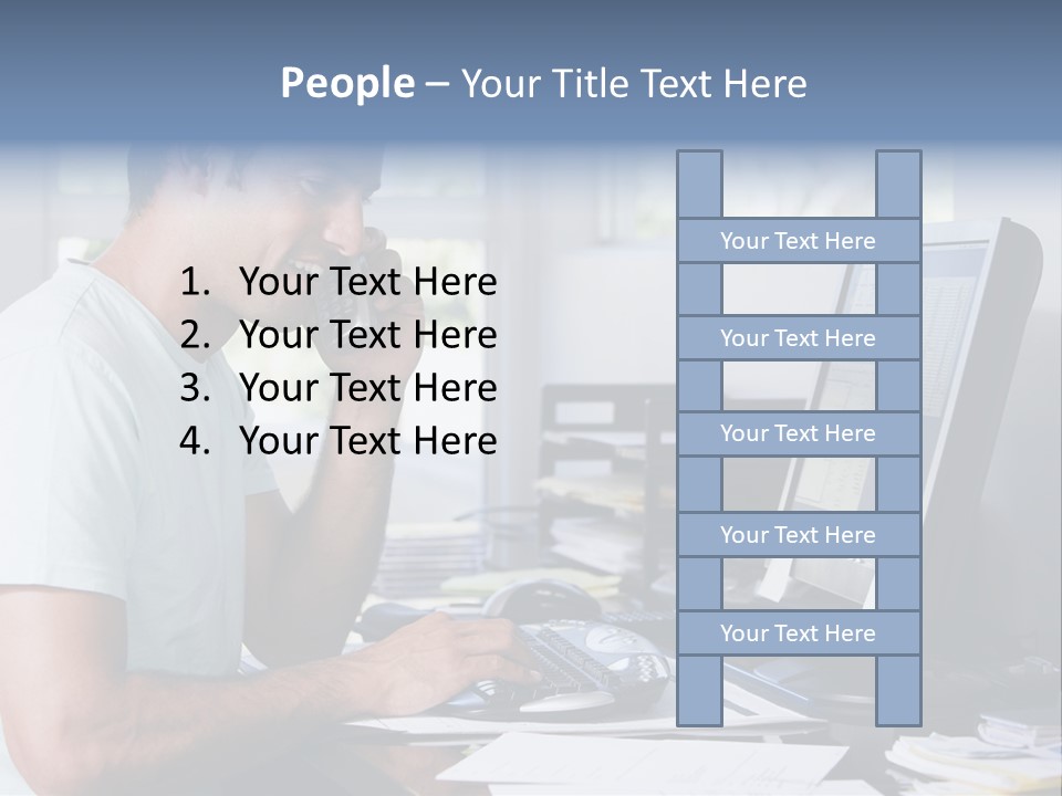 Man In Home Office On Telephone Using Computer And Smiling PowerPoint Template