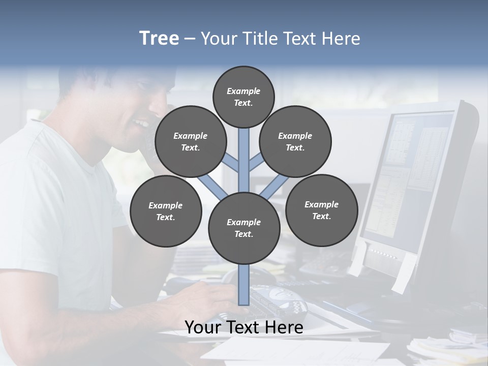 Man In Home Office On Telephone Using Computer And Smiling PowerPoint Template