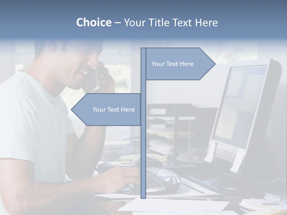Man In Home Office On Telephone Using Computer And Smiling PowerPoint Template