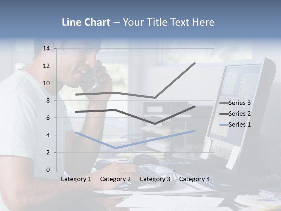 Man In Home Office On Telephone Using Computer And Smiling PowerPoint Template