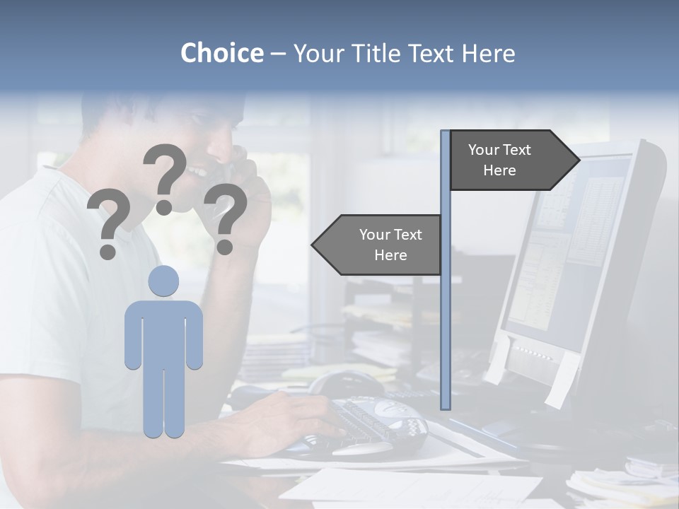 Man In Home Office On Telephone Using Computer And Smiling PowerPoint Template