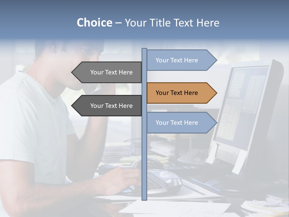 Man In Home Office On Telephone Using Computer And Smiling PowerPoint Template