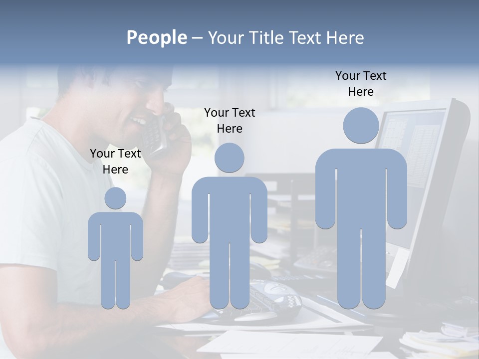 Man In Home Office On Telephone Using Computer And Smiling PowerPoint Template