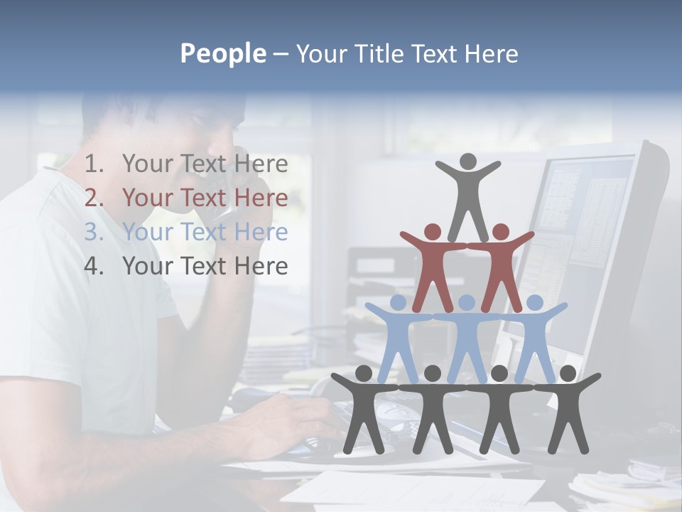 Man In Home Office On Telephone Using Computer And Smiling PowerPoint Template