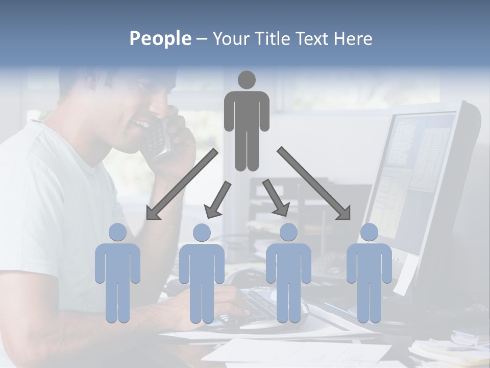 Man In Home Office On Telephone Using Computer And Smiling PowerPoint Template