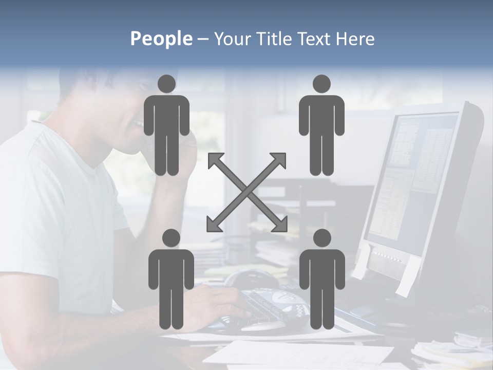 Man In Home Office On Telephone Using Computer And Smiling PowerPoint Template