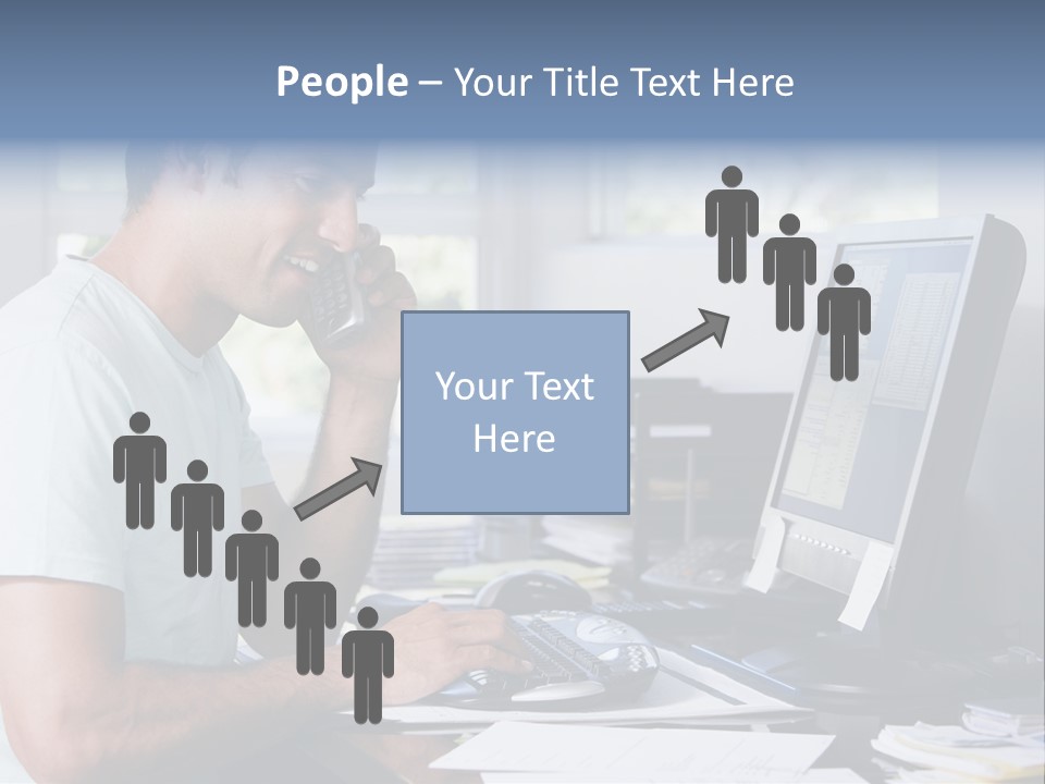 Man In Home Office On Telephone Using Computer And Smiling PowerPoint Template