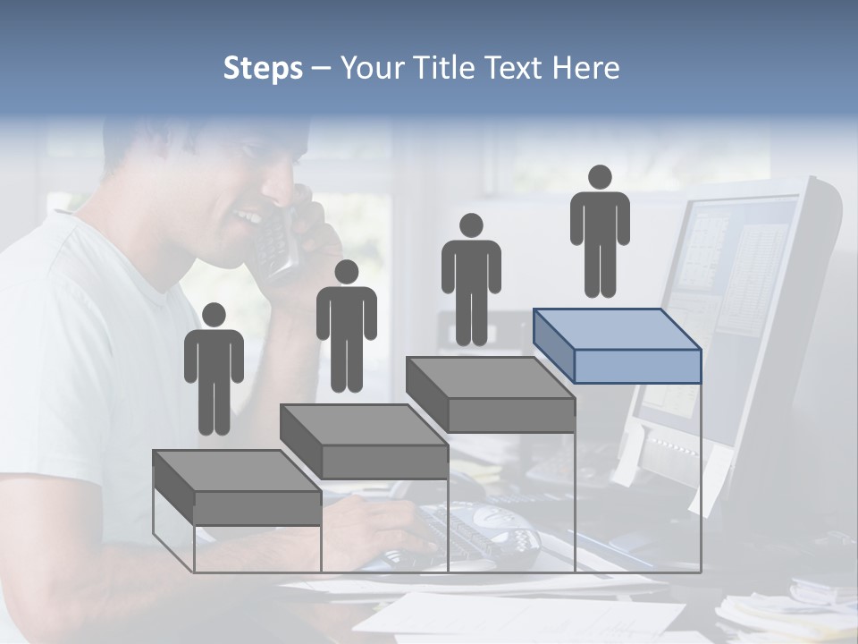 Man In Home Office On Telephone Using Computer And Smiling PowerPoint Template