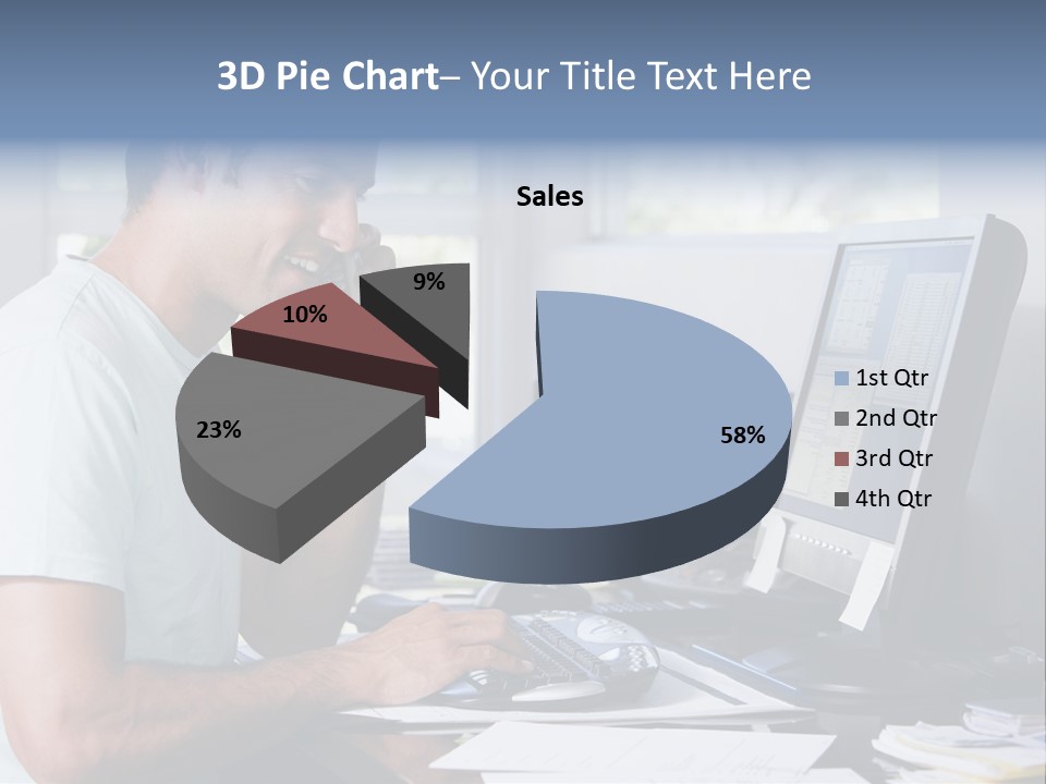 Man In Home Office On Telephone Using Computer And Smiling PowerPoint Template