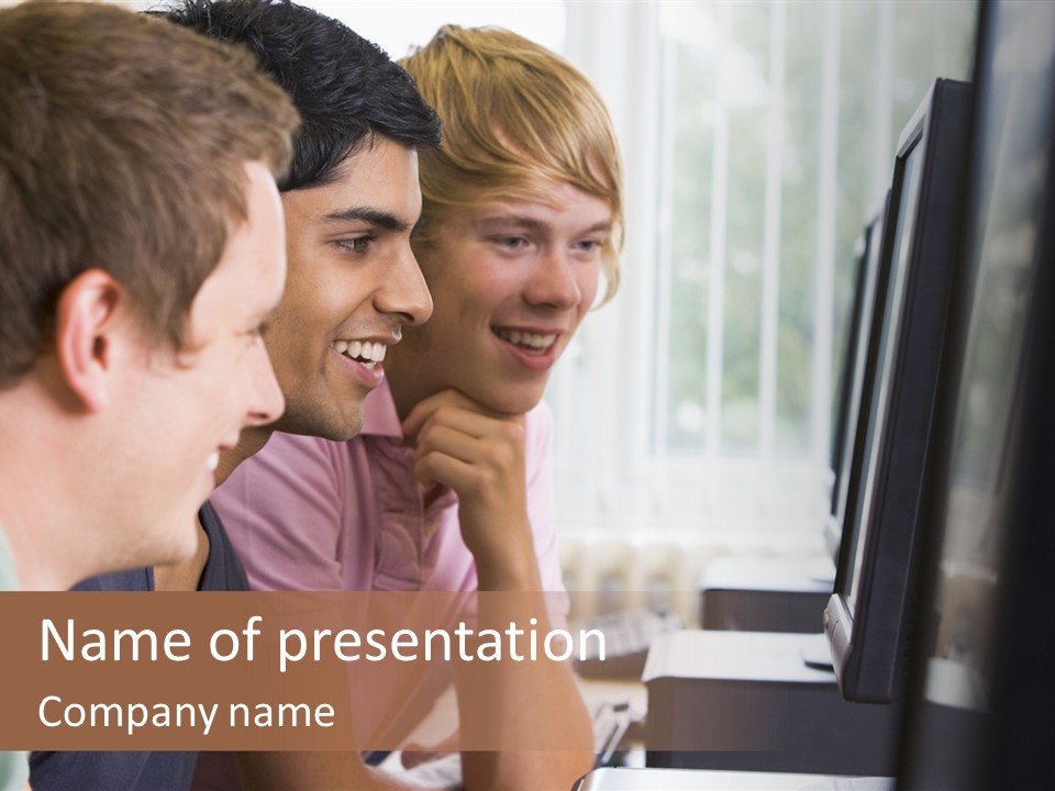 Male College Students In A Computer Lab PowerPoint Template