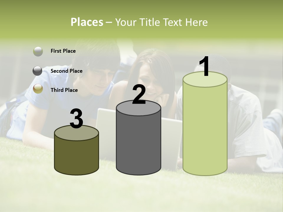 College Students Using Laptop On Campus Lawn, PowerPoint Template