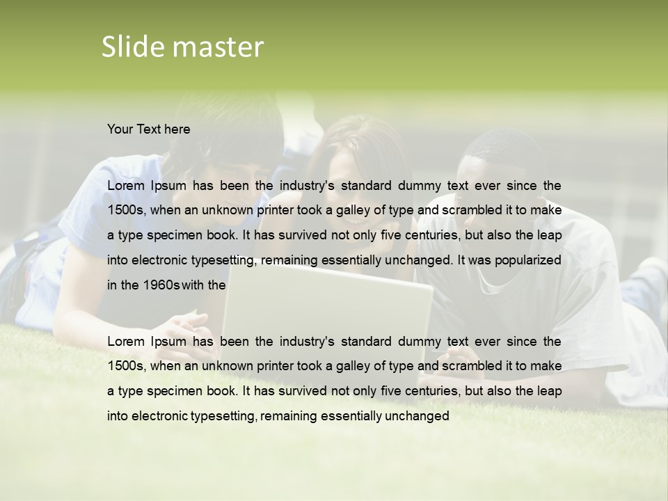 College Students Using Laptop On Campus Lawn, PowerPoint Template