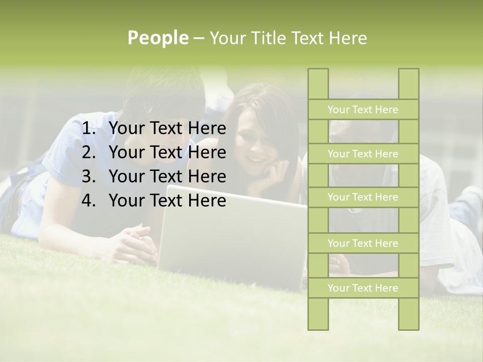 College Students Using Laptop On Campus Lawn, PowerPoint Template