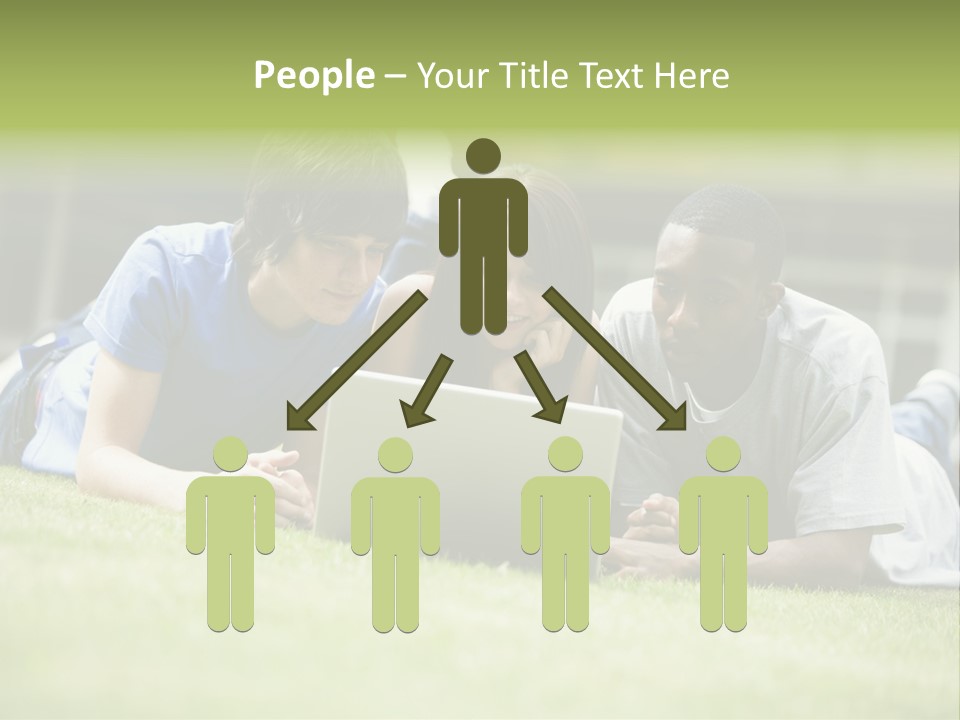 College Students Using Laptop On Campus Lawn, PowerPoint Template