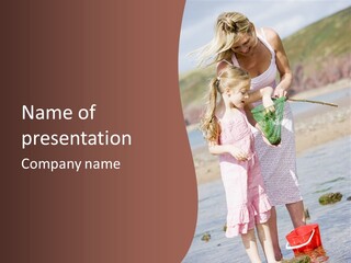 Mother And Daughter At Beach Fishing And Smiling PowerPoint Template