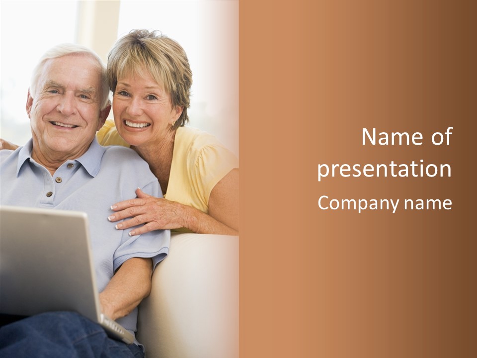 Couple In Living Room With Laptop Smiling PowerPoint Template