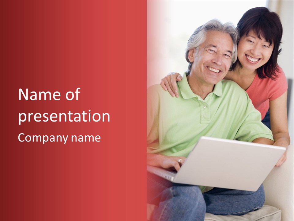 Couple In Living Room With Laptop Smiling PowerPoint Template