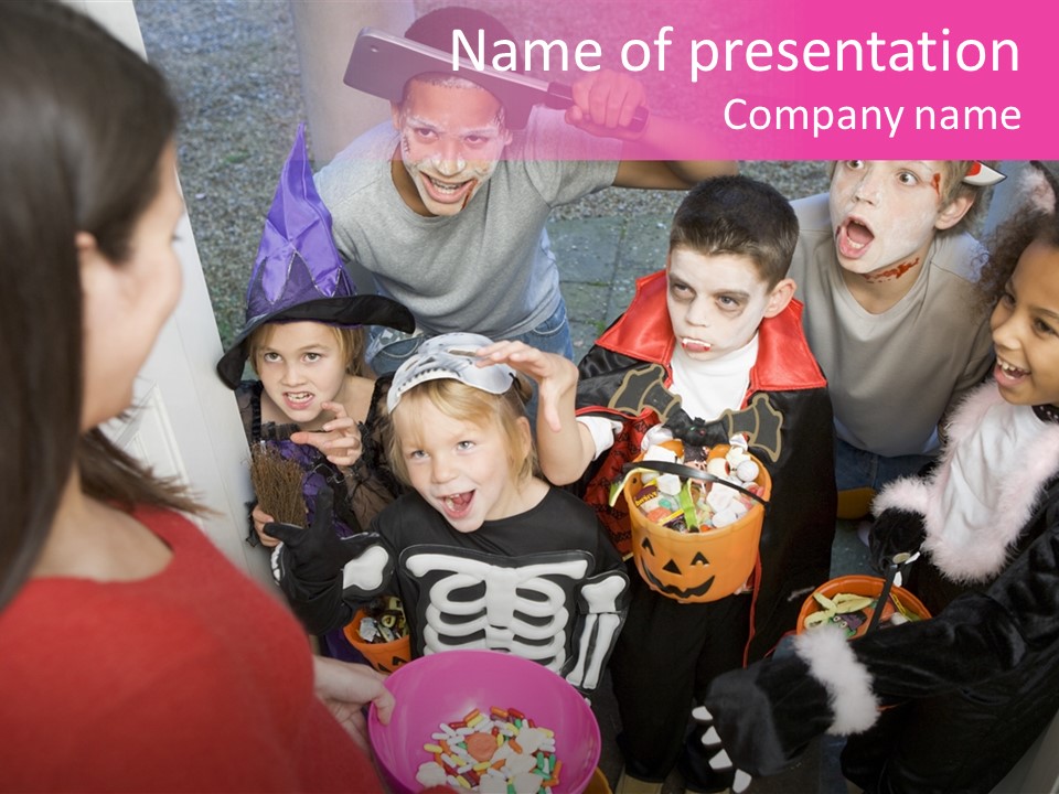 Six Children In Costumes Trick Or Treating At Woman's House PowerPoint Template