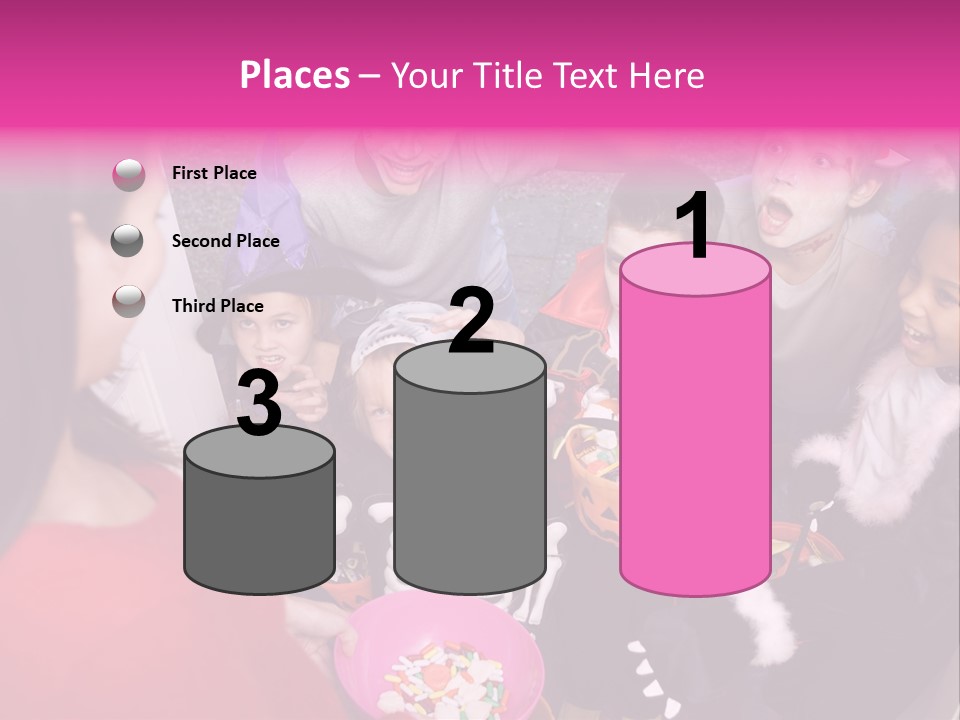 Six Children In Costumes Trick Or Treating At Woman's House PowerPoint Template