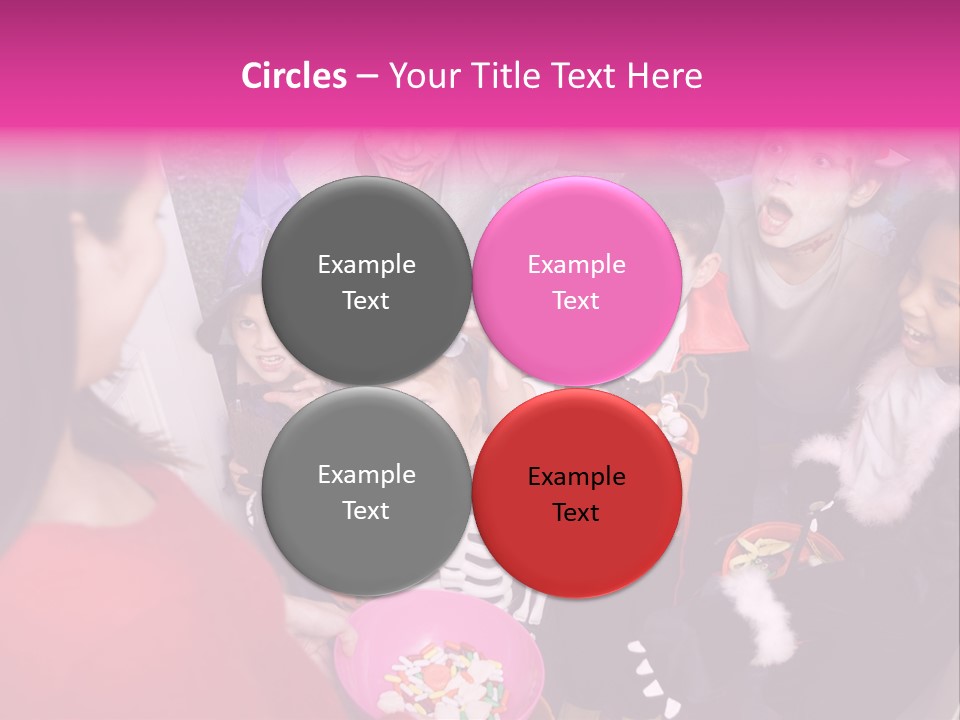 Six Children In Costumes Trick Or Treating At Woman's House PowerPoint Template