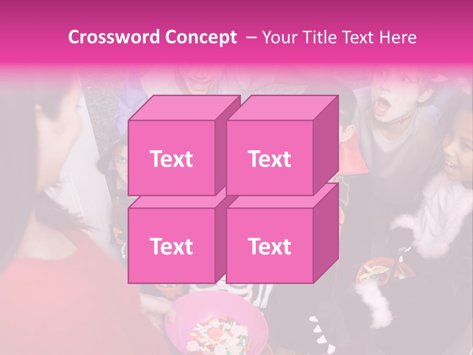 Six Children In Costumes Trick Or Treating At Woman's House PowerPoint Template