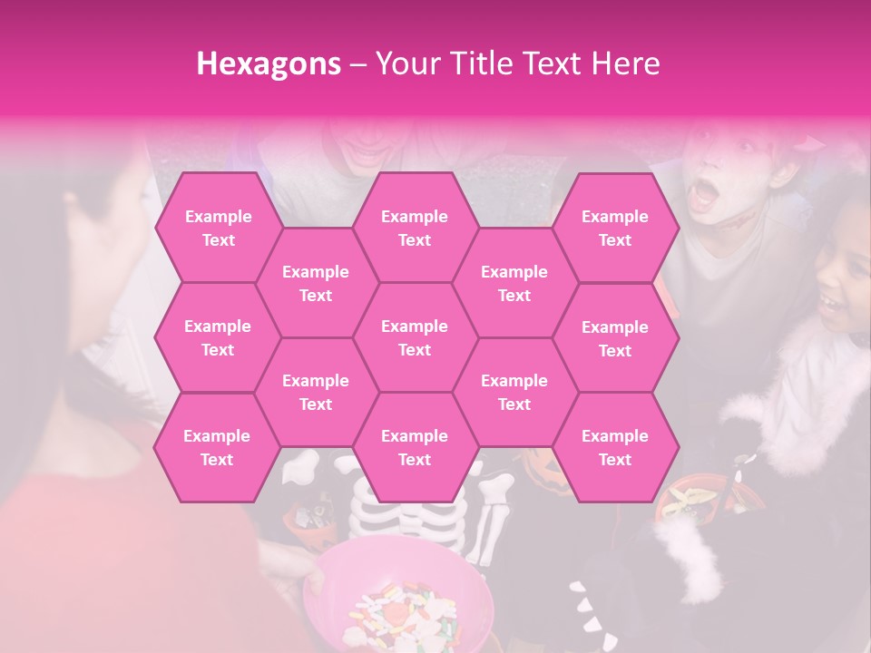 Six Children In Costumes Trick Or Treating At Woman's House PowerPoint Template