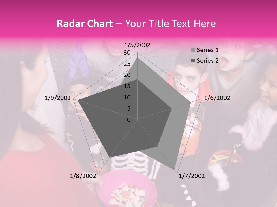 Six Children In Costumes Trick Or Treating At Woman's House PowerPoint Template