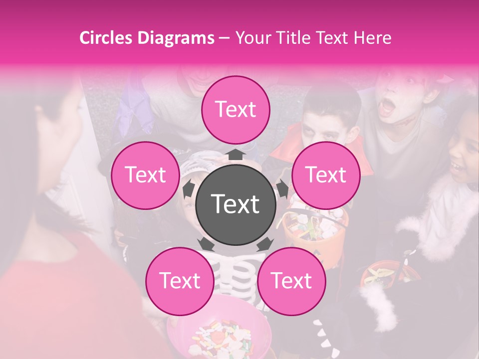 Six Children In Costumes Trick Or Treating At Woman's House PowerPoint Template