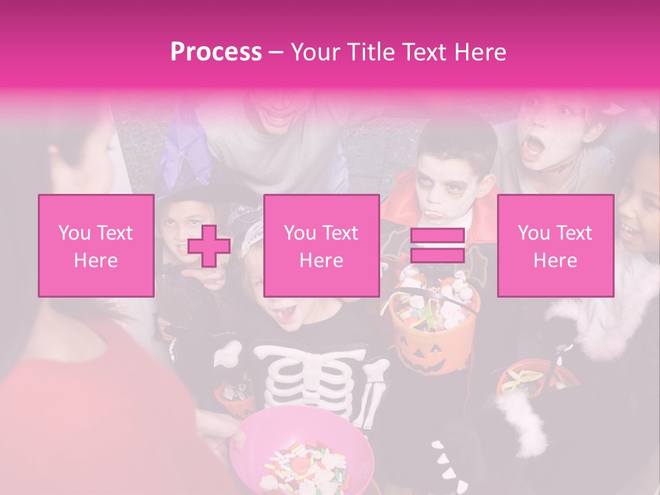 Six Children In Costumes Trick Or Treating At Woman's House PowerPoint Template